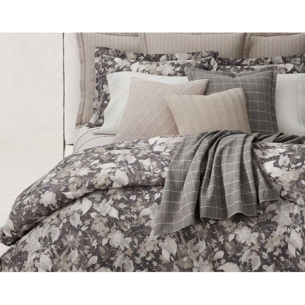 Ralph‎ Lauren Full Queen Gray Floral Avery Luxe Cotton Duvet Cover $500